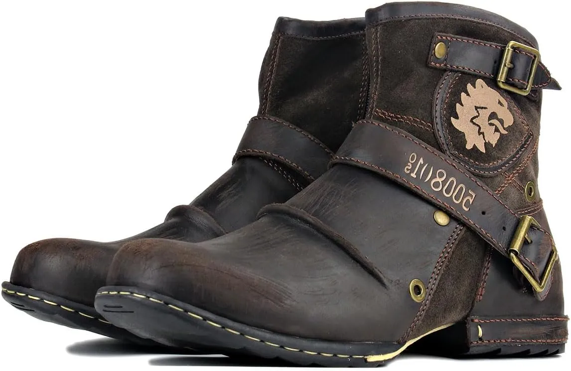 Mens Chukka Biker Cowboy Stylish Motorcycle Combat Hiking Fashion Casual Cowhide Leather Ankle Side Zipper Boots 5008-1-DD1D2