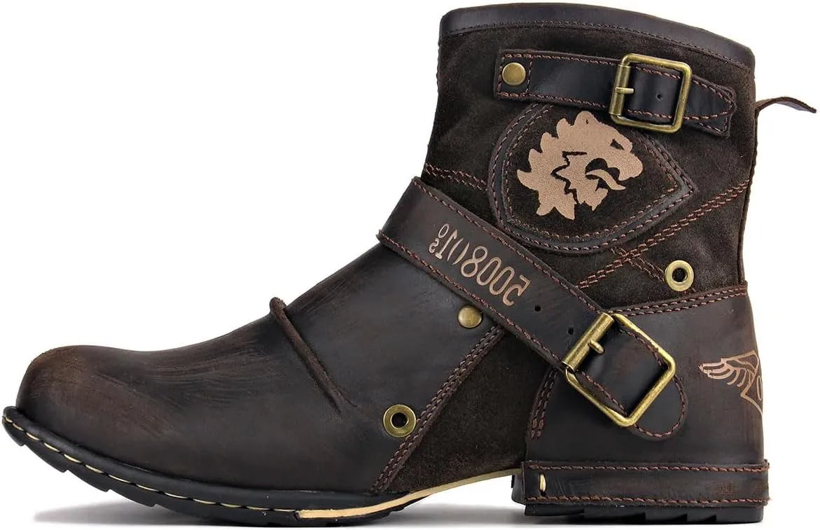 Mens Chukka Biker Cowboy Stylish Motorcycle Combat Hiking Fashion Casual Cowhide Leather Ankle Side Zipper Boots 5008-1-DD1D2