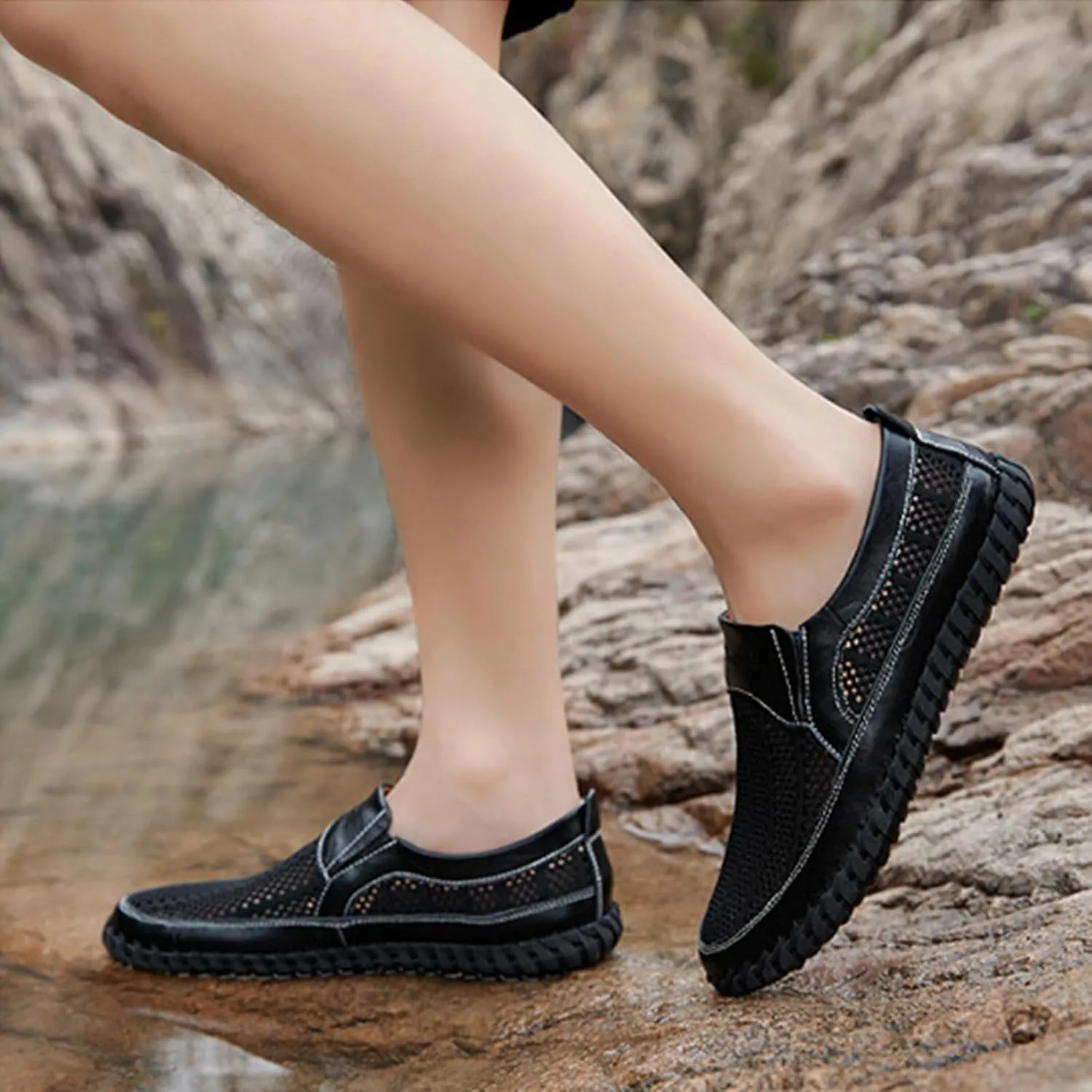Men's Cutout Mesh Handmade Flat Casual Loafers Comfort Breathable Slip On Hollow Sandals Walking Shoes Outdoor Beach Summer Non Slip Water Shoes
