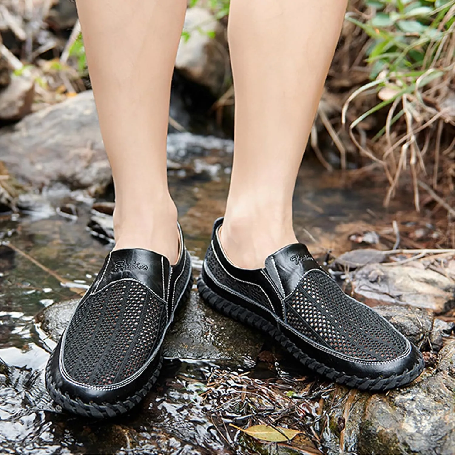 Men's Cutout Mesh Handmade Flat Casual Loafers Comfort Breathable Slip On Hollow Sandals Walking Shoes Outdoor Beach Summer Non Slip Water Shoes