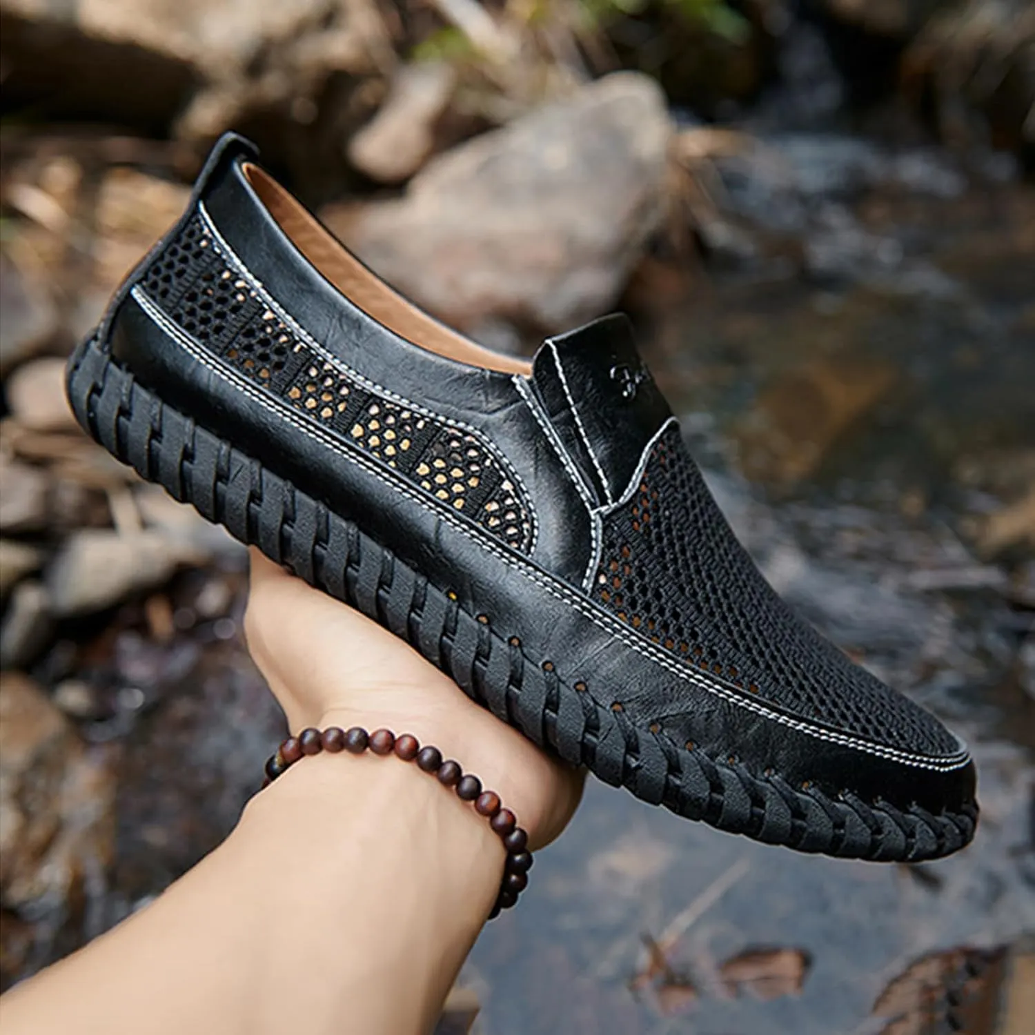 Men's Cutout Mesh Handmade Flat Casual Loafers Comfort Breathable Slip On Hollow Sandals Walking Shoes Outdoor Beach Summer Non Slip Water Shoes