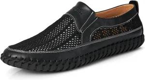 Men's Cutout Mesh Handmade Flat Casual Loafers Comfort Breathable Slip On Hollow Sandals Walking Shoes Outdoor Beach Summer Non Slip Water Shoes