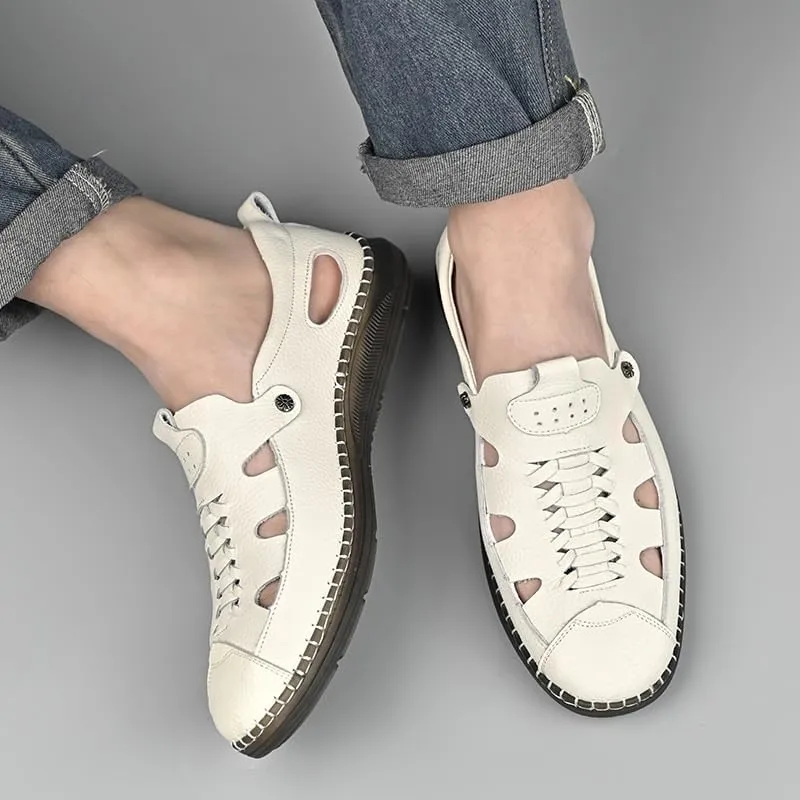 Men's Cutout Mesh Handmade Flat Casual Loafers Slip-on Casual Walking Shoes for Men Mens Genuine Leather Shoes for Driving Walking Wedding Outdoor Indoor Size
