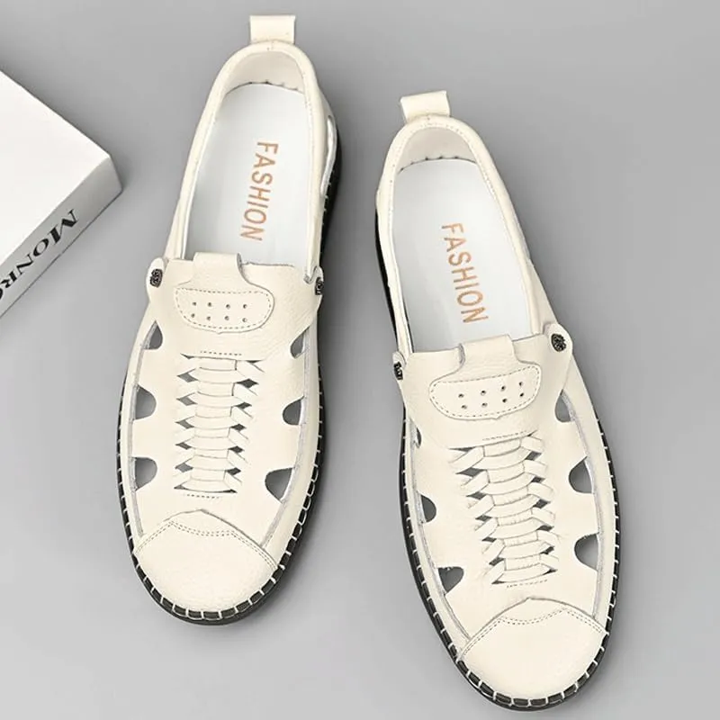 Men's Cutout Mesh Handmade Flat Casual Loafers Slip-on Casual Walking Shoes for Men Mens Genuine Leather Shoes for Driving Walking Wedding Outdoor Indoor Size