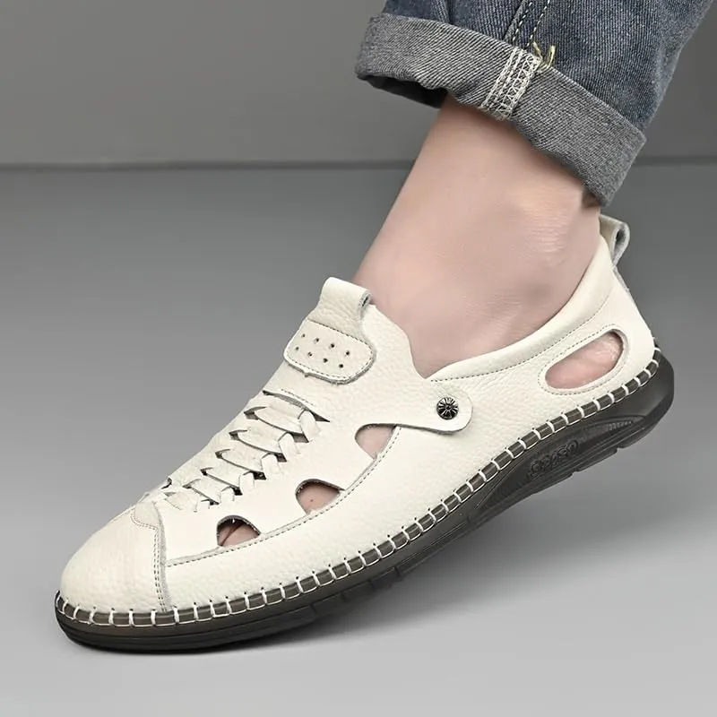 Men's Cutout Mesh Handmade Flat Casual Loafers Slip-on Casual Walking Shoes for Men Mens Genuine Leather Shoes for Driving Walking Wedding Outdoor Indoor Size