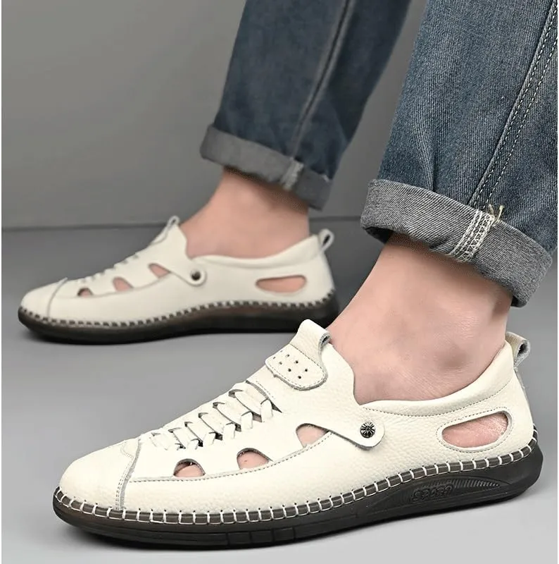 Men's Cutout Mesh Handmade Flat Casual Loafers Slip-on Casual Walking Shoes for Men Mens Genuine Leather Shoes for Driving Walking Wedding Outdoor Indoor Size
