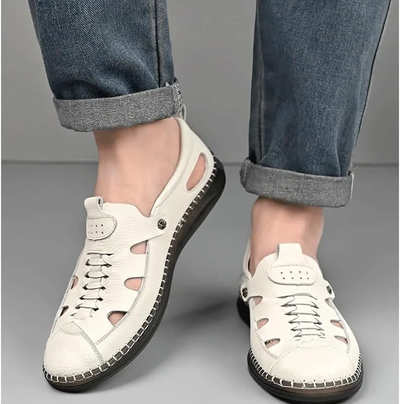 Men's Cutout Mesh Handmade Flat Casual Loafers Slip-on Casual Walking Shoes for Men Mens Genuine Leather Shoes for Driving Walking Wedding Outdoor Indoor Size