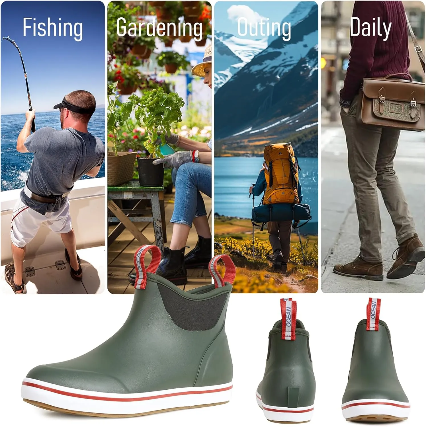 Men's Deck Boots Waterproof Anti-Slip Rubber Ankle Rain Shoes for Fishing Gardening Outing