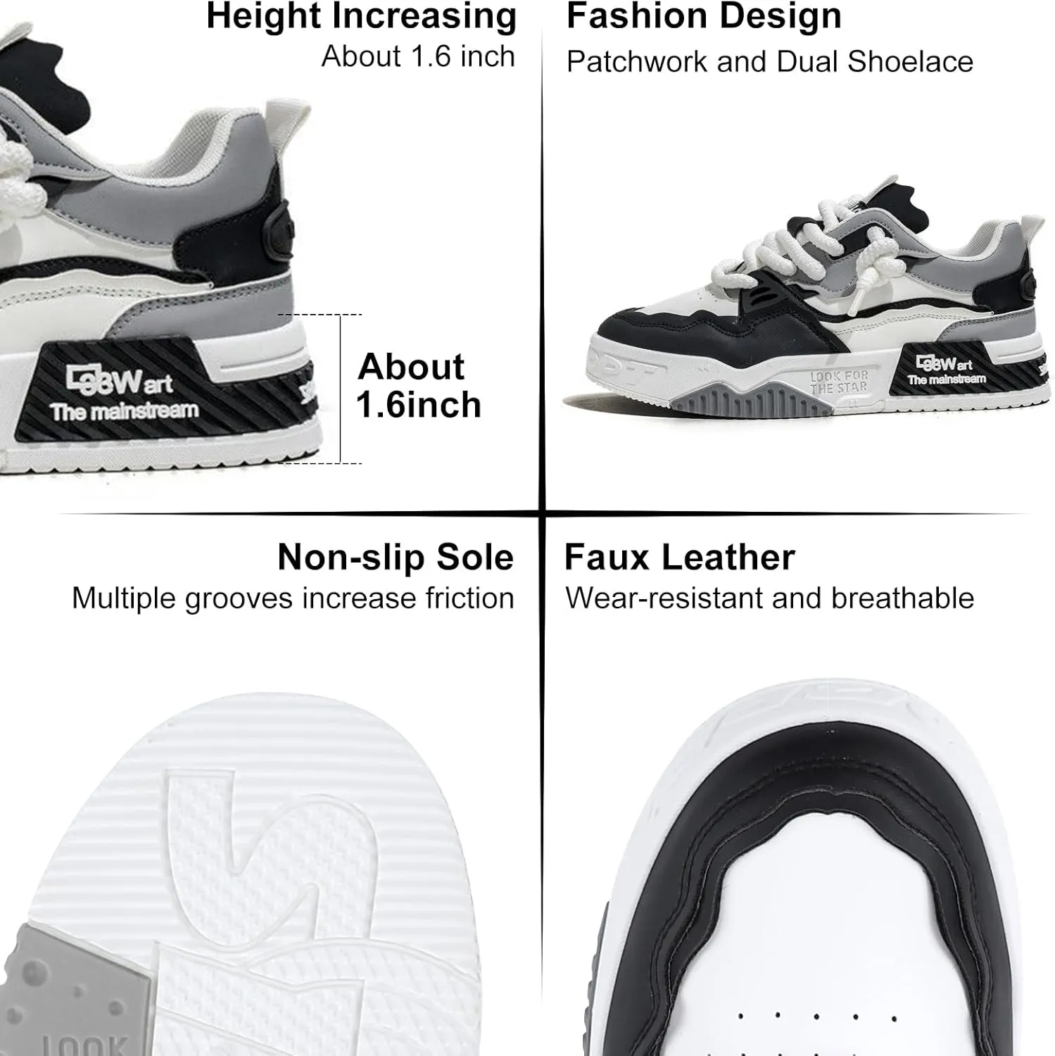 Mens Fashion Lace-Up Sneakers, Comfort Casual Walking Shoes, Faux Leather Platform Chunky Sneakers Tennis Shoes