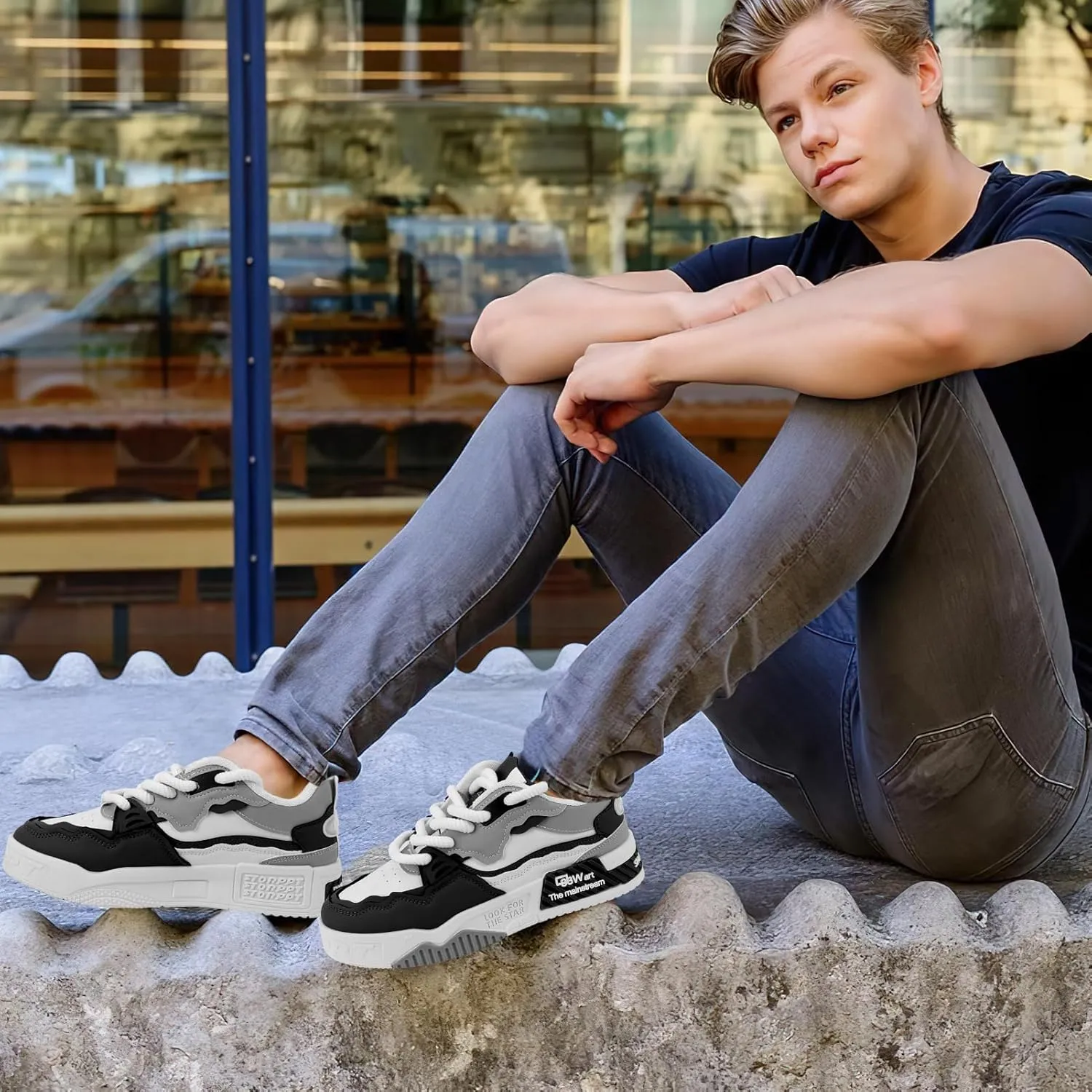 Mens Fashion Lace-Up Sneakers, Comfort Casual Walking Shoes, Faux Leather Platform Chunky Sneakers Tennis Shoes