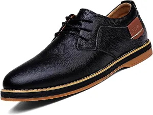 Men's Genuine Leather Hand Stitched Dress Oxfords Fashion Plain Toe Lace up Low Top Formal Business Office Derby Shoes Daily Non-Slip Soft Sole Casual Shoes