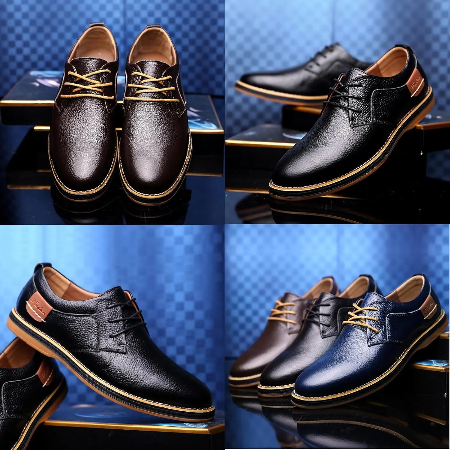 Men's Genuine Leather Hand Stitched Dress Oxfords Fashion Plain Toe Lace up Low Top Formal Business Office Derby Shoes Daily Non-Slip Soft Sole Casual Shoes
