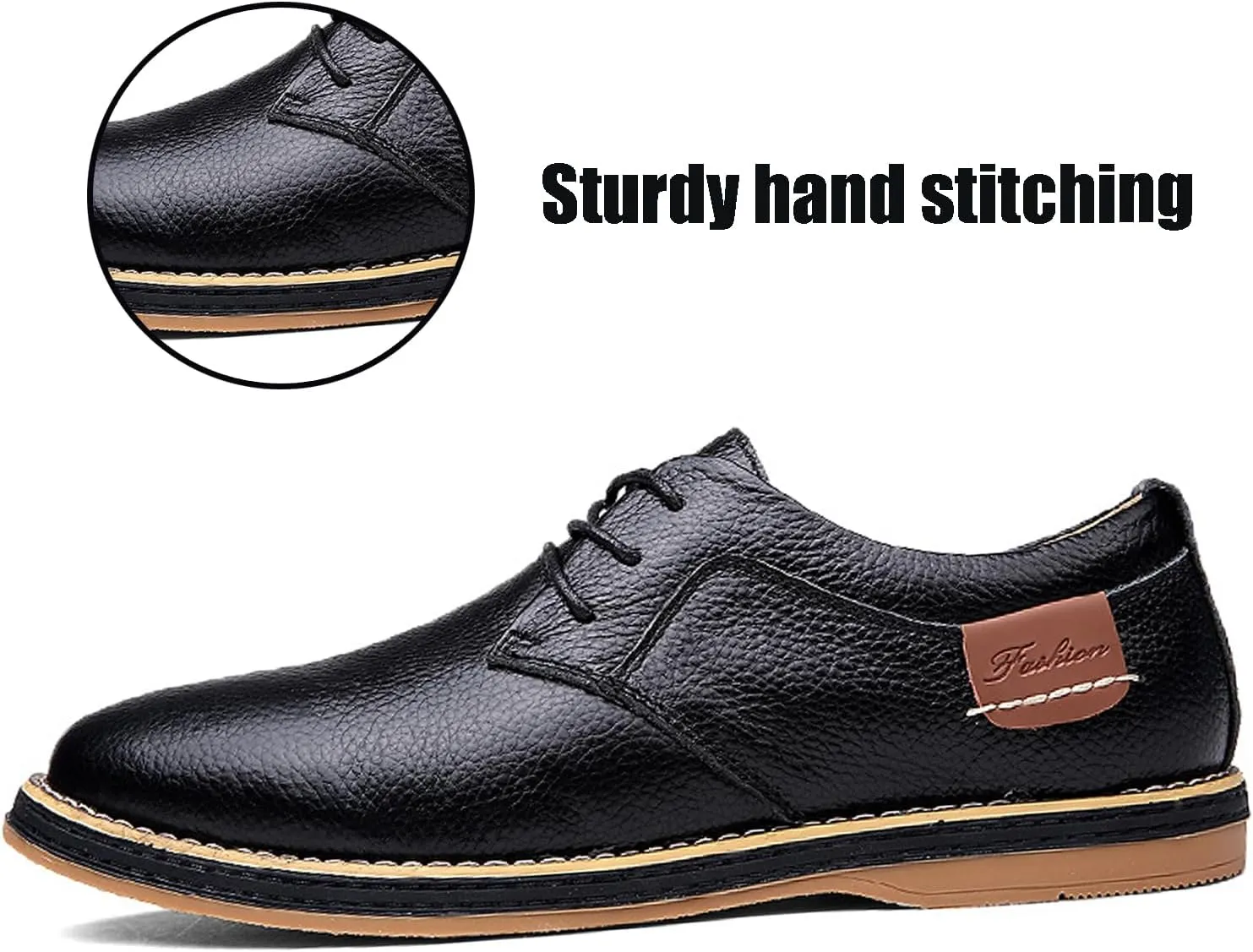 Men's Genuine Leather Hand Stitched Dress Oxfords Fashion Plain Toe Lace up Low Top Formal Business Office Derby Shoes Daily Non-Slip Soft Sole Casual Shoes