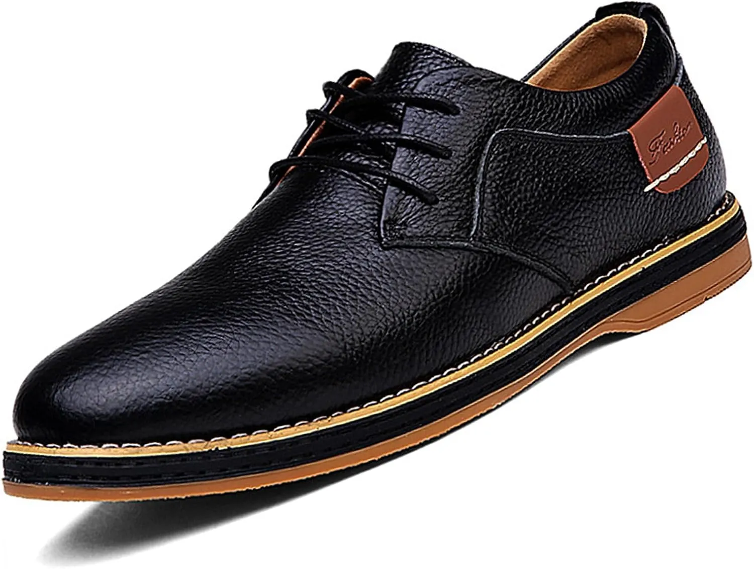 Men's Genuine Leather Hand Stitched Dress Oxfords Fashion Plain Toe Lace up Low Top Formal Business Office Derby Shoes Daily Non-Slip Soft Sole Casual Shoes