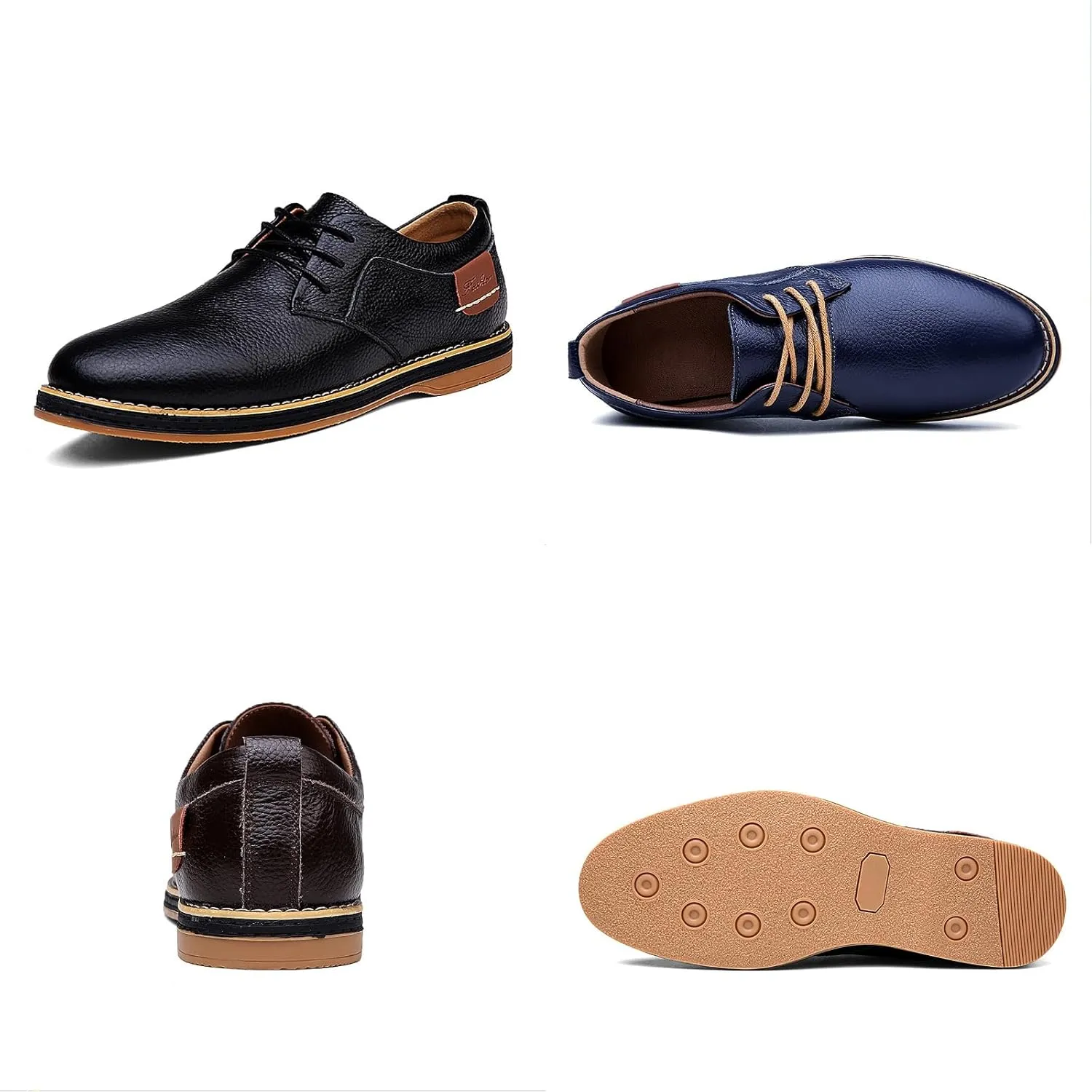 Men's Genuine Leather Hand Stitched Dress Oxfords Fashion Plain Toe Lace up Low Top Formal Business Office Derby Shoes Daily Non-Slip Soft Sole Casual Shoes