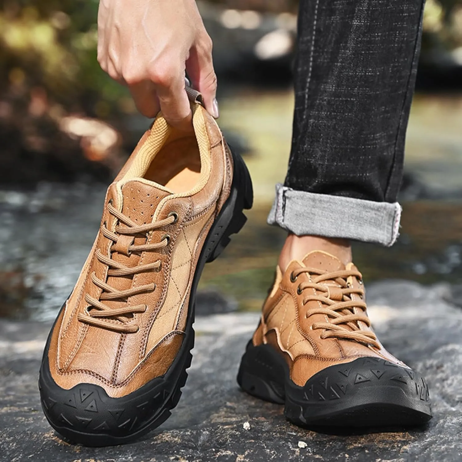 Men's Genuine Leather Waterproof Hiking Sneakers Classic Lace-Up Anti-Slip Soft Sole Industrial Construction Work Shoes