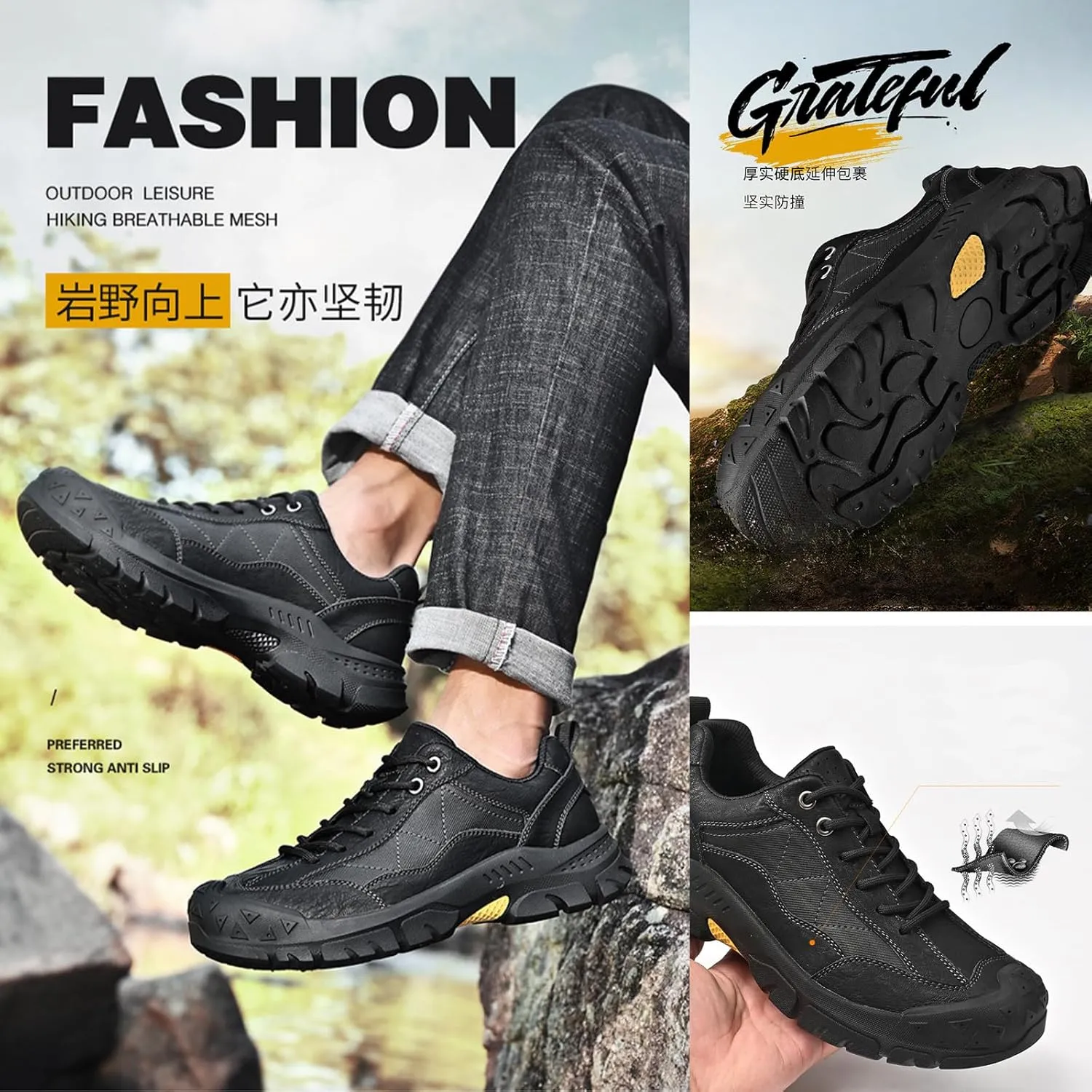 Men's Genuine Leather Waterproof Hiking Sneakers Classic Lace-Up Anti-Slip Soft Sole Industrial Construction Work Shoes