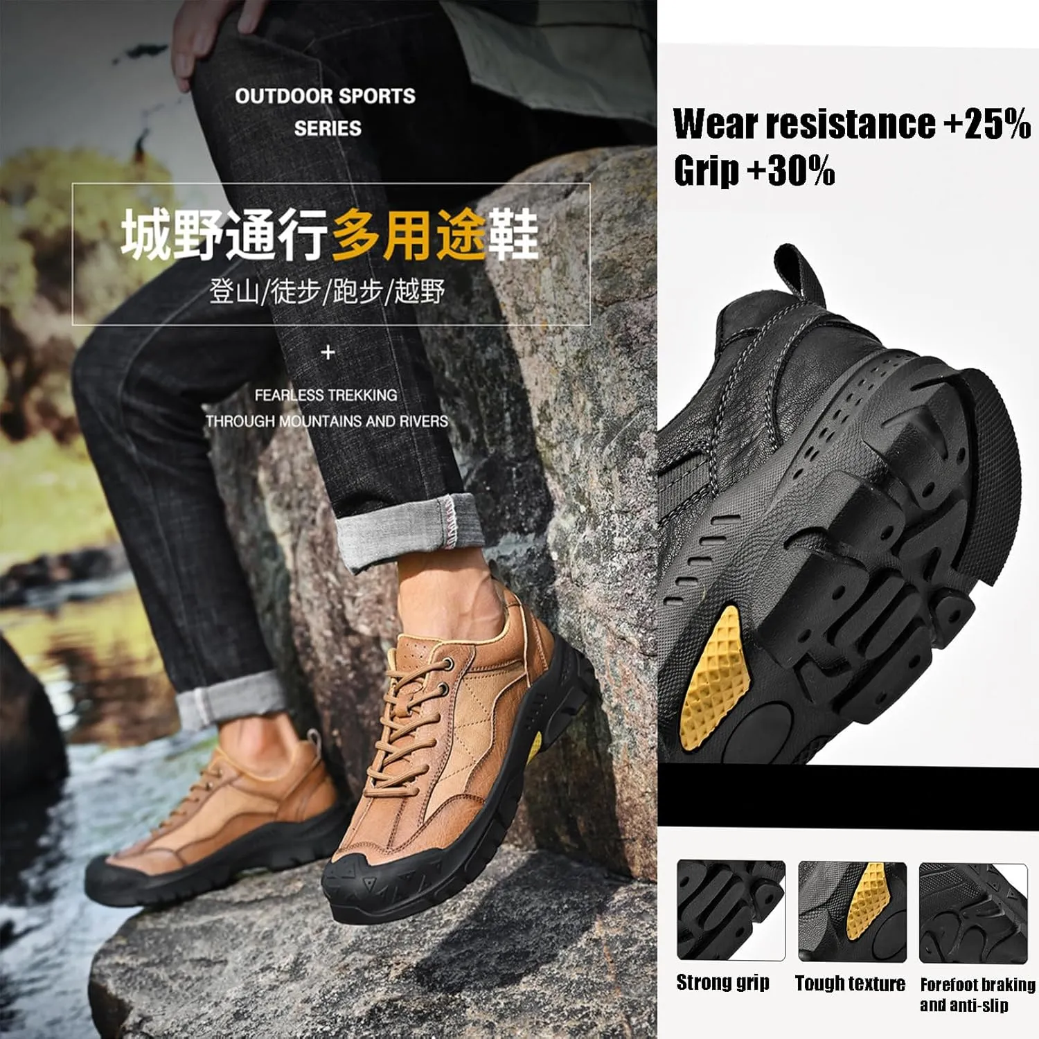 Men's Genuine Leather Waterproof Hiking Sneakers Classic Lace-Up Anti-Slip Soft Sole Industrial Construction Work Shoes