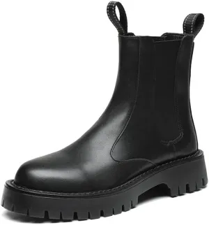 Men's Leather Platform Chelsea Boots Lug Sole Chunky Heel Brogue Dress Ankle Boots Round Toe Retro Slip-On Oxfords Boot