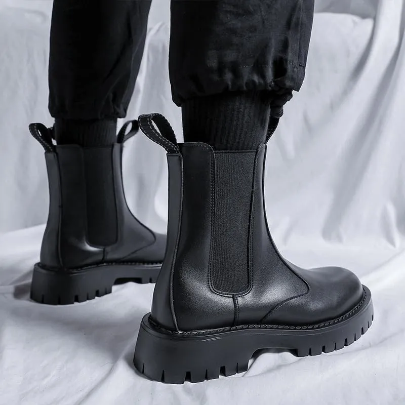 Men's Leather Platform Chelsea Boots Lug Sole Chunky Heel Brogue Dress Ankle Boots Round Toe Retro Slip-On Oxfords Boot