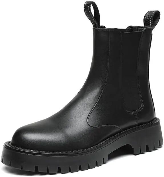 Men's Leather Platform Chelsea Boots Lug Sole Chunky Heel Brogue Dress Ankle Boots Round Toe Retro Slip-On Oxfords Boot