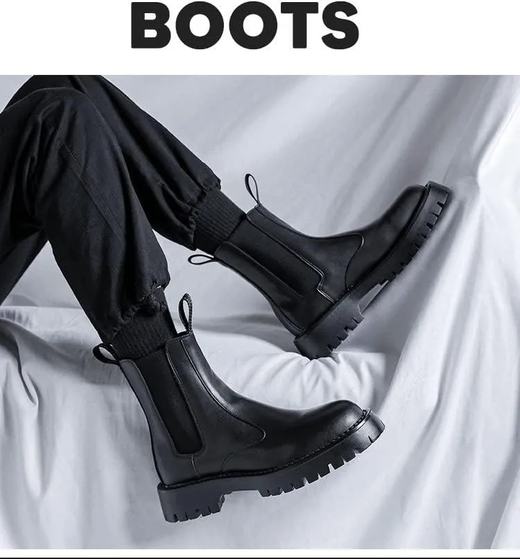 Men's Leather Platform Chelsea Boots Lug Sole Chunky Heel Brogue Dress Ankle Boots Round Toe Retro Slip-On Oxfords Boot
