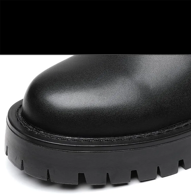 Men's Leather Platform Chelsea Boots Lug Sole Chunky Heel Brogue Dress Ankle Boots Round Toe Retro Slip-On Oxfords Boot