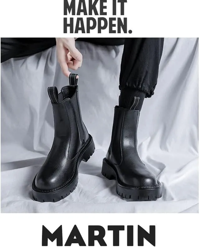 Men's Leather Platform Chelsea Boots Lug Sole Chunky Heel Brogue Dress Ankle Boots Round Toe Retro Slip-On Oxfords Boot