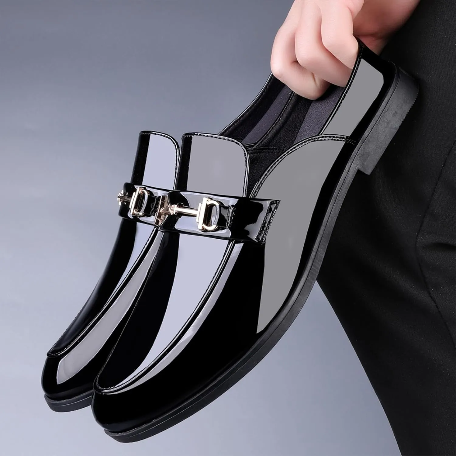 Men's Patent Leather Slip-On Dress Mules Slippers Fashion Printing Comfort Round Toe Low Heel Open Backless Casual Clogs Loafers with Metal Buckle Decoration