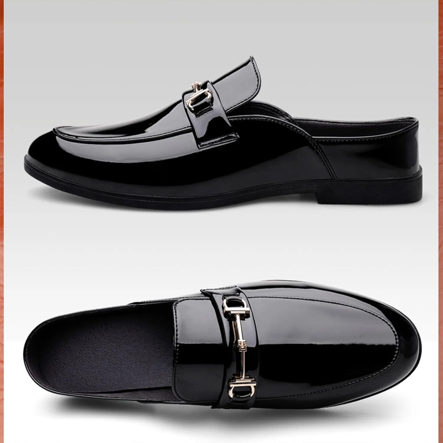 Men's Patent Leather Slip-On Dress Mules Slippers Fashion Printing Comfort Round Toe Low Heel Open Backless Casual Clogs Loafers with Metal Buckle Decoration