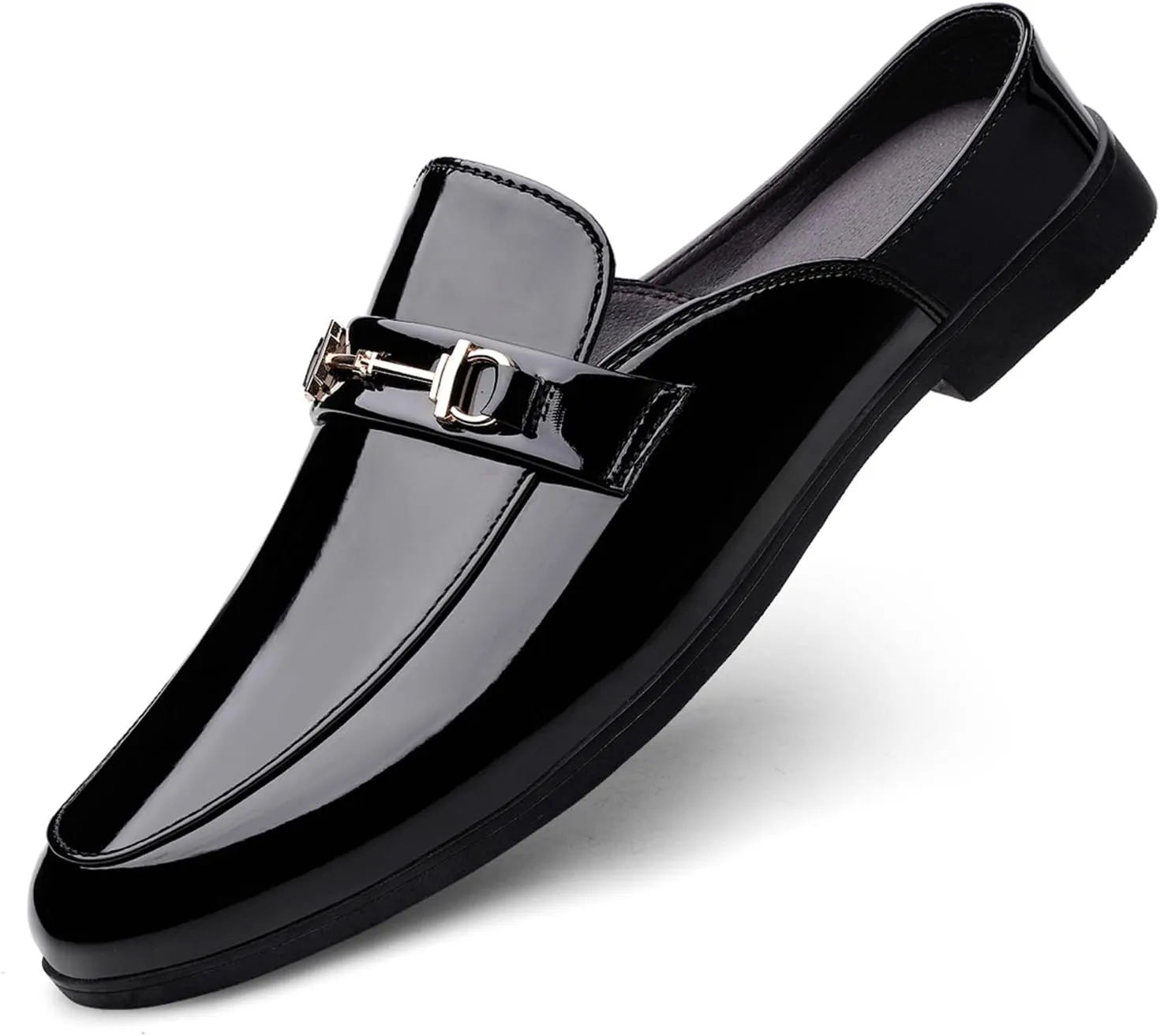 Men's Patent Leather Slip-On Dress Mules Slippers Fashion Printing Comfort Round Toe Low Heel Open Backless Casual Clogs Loafers with Metal Buckle Decoration