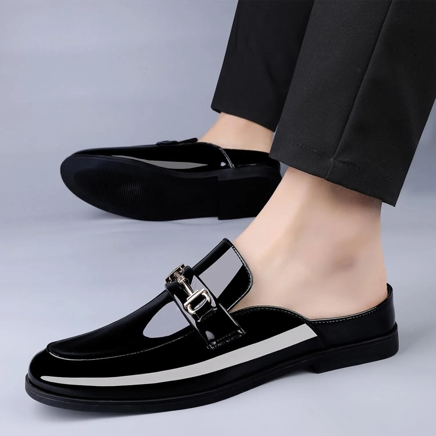 Men's Patent Leather Slip-On Dress Mules Slippers Fashion Printing Comfort Round Toe Low Heel Open Backless Casual Clogs Loafers with Metal Buckle Decoration