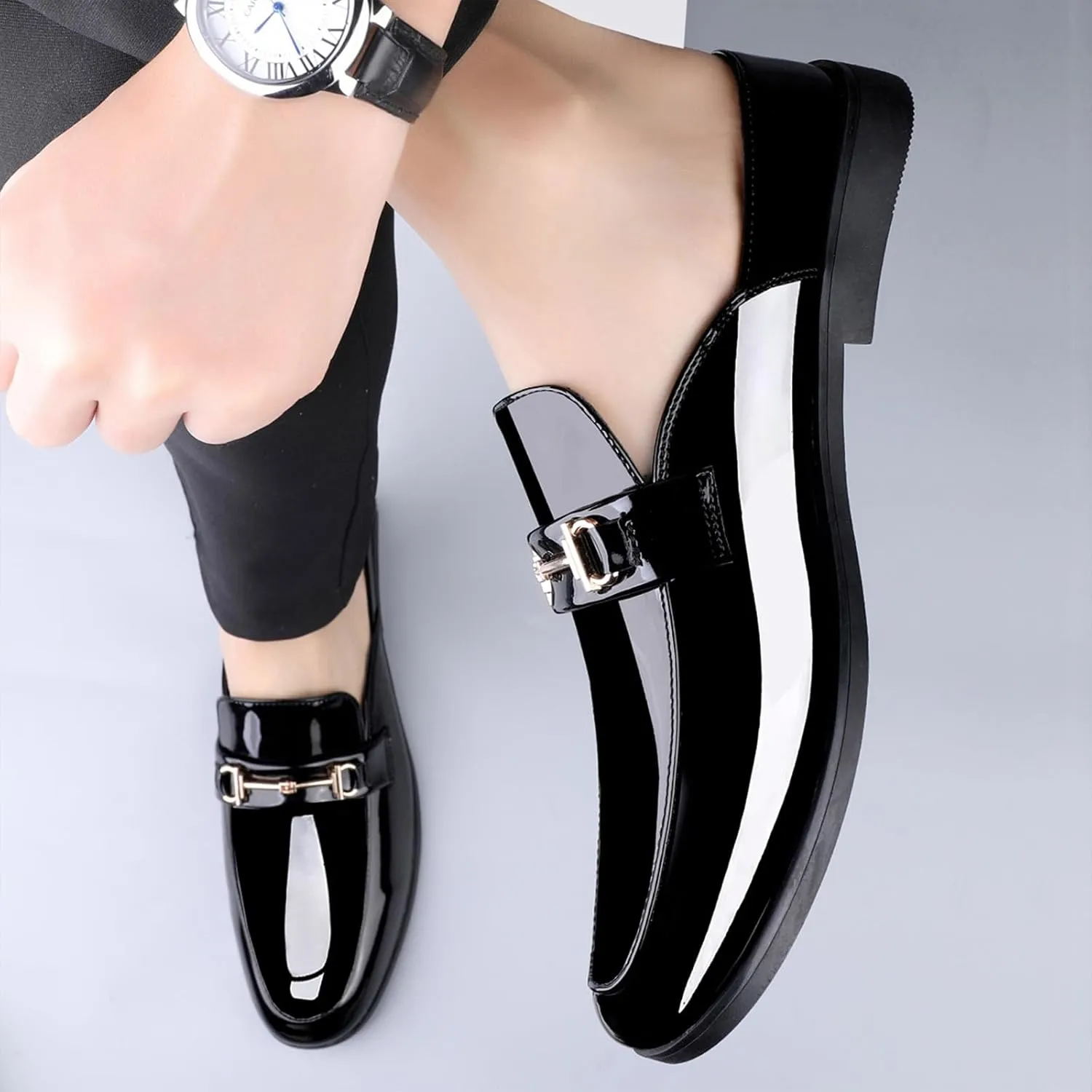 Men's Patent Leather Slip-On Dress Mules Slippers Fashion Printing Comfort Round Toe Low Heel Open Backless Casual Clogs Loafers with Metal Buckle Decoration