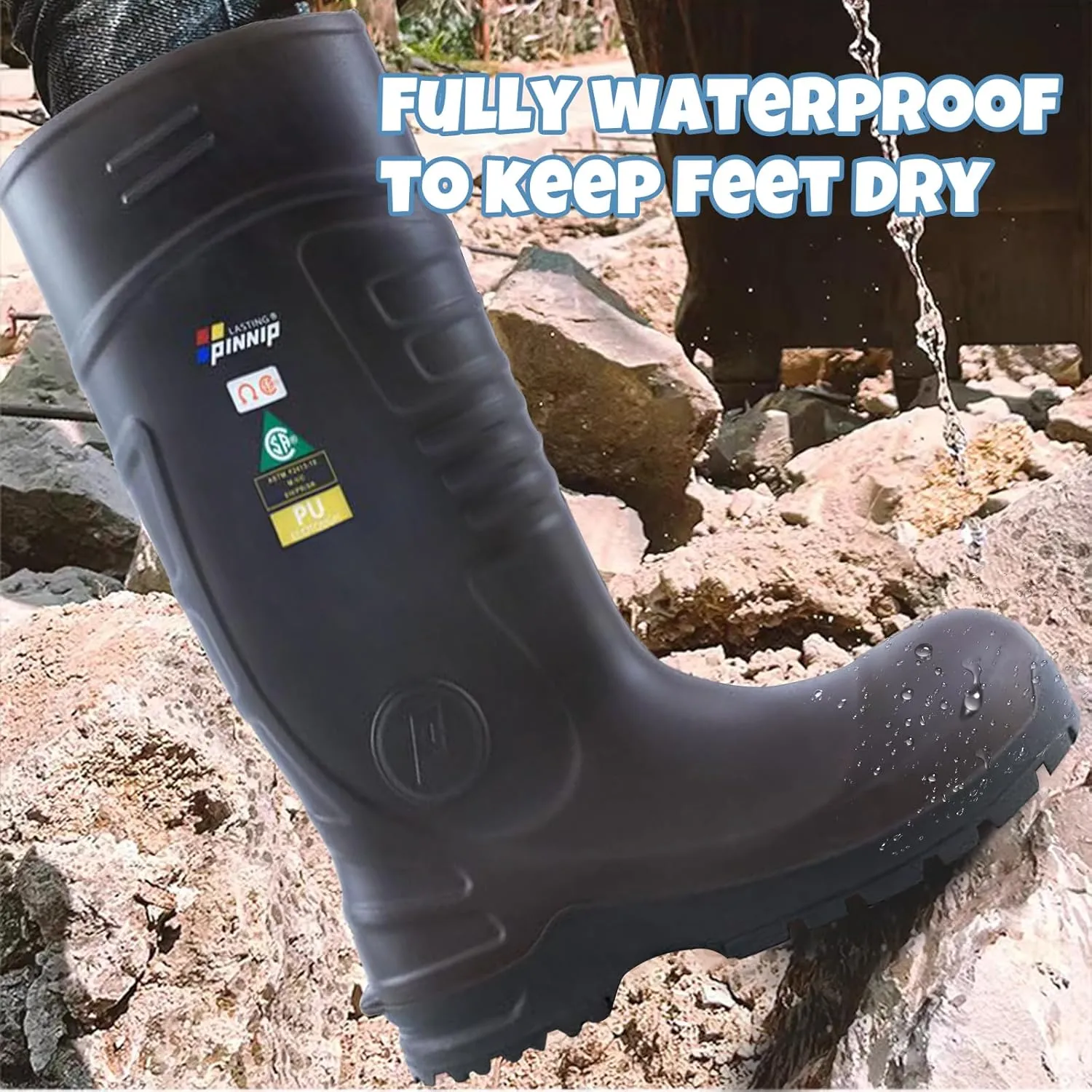 Mens PU Rubber Work Boots With Steel Toe & Shank - Waterproof Anti-slip Mud Rain Boots Hunting Boots ASTM F2413-18 Acid & Oil Resistant