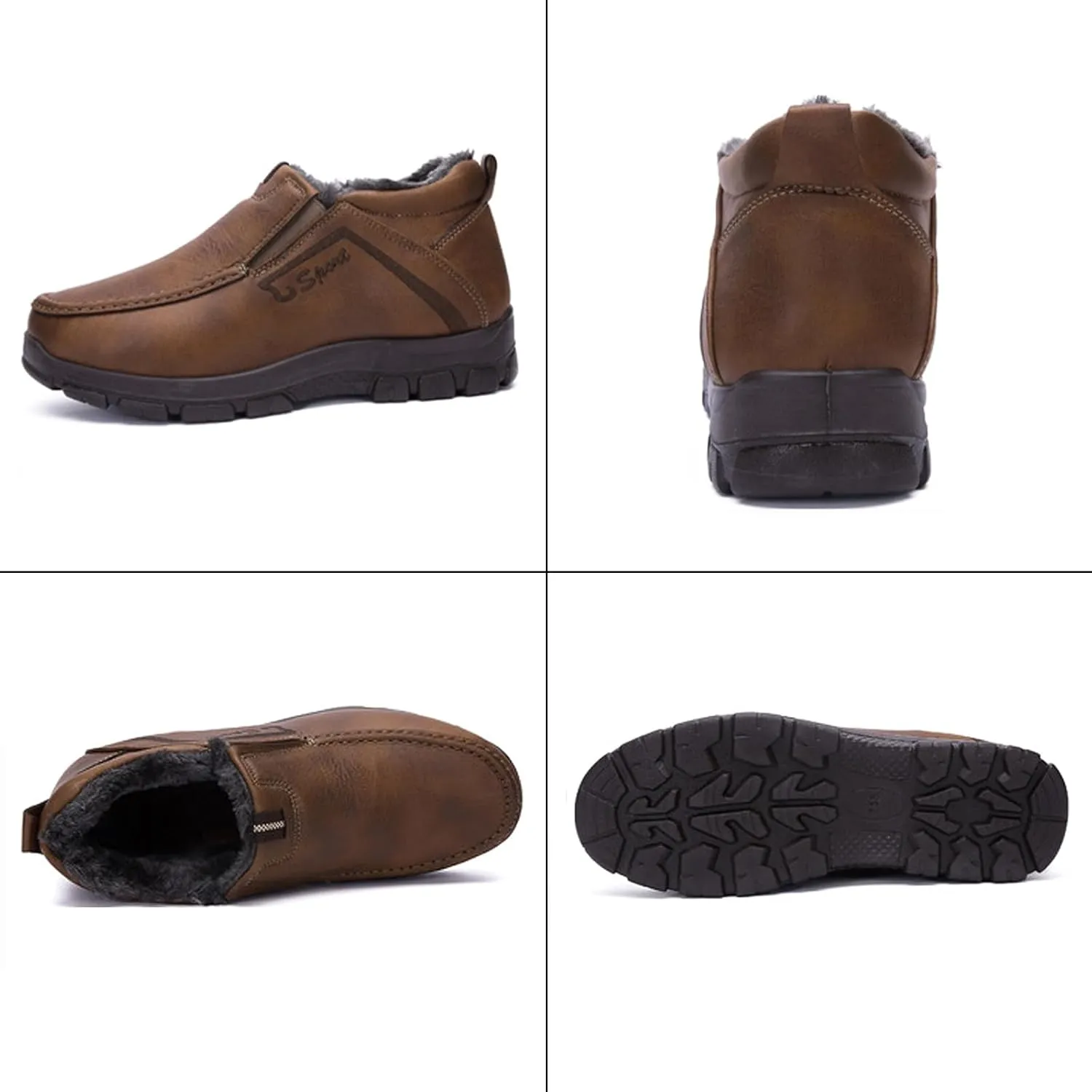 Men's Slip-On Winter Snow Boots Warm Fur Lined Casual Non-Slip Outdoors Leather Booties Cozy Walking Loafers