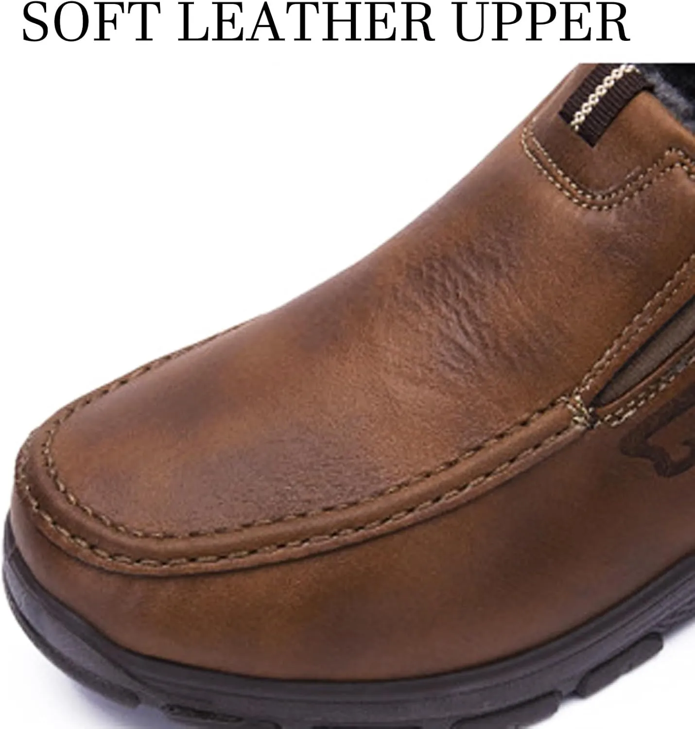 Men's Slip-On Winter Snow Boots Warm Fur Lined Casual Non-Slip Outdoors Leather Booties Cozy Walking Loafers