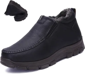 Men's Slip-On Winter Snow Boots Warm Fur Lined Casual Non-Slip Outdoors Leather Booties Cozy Walking Loafers