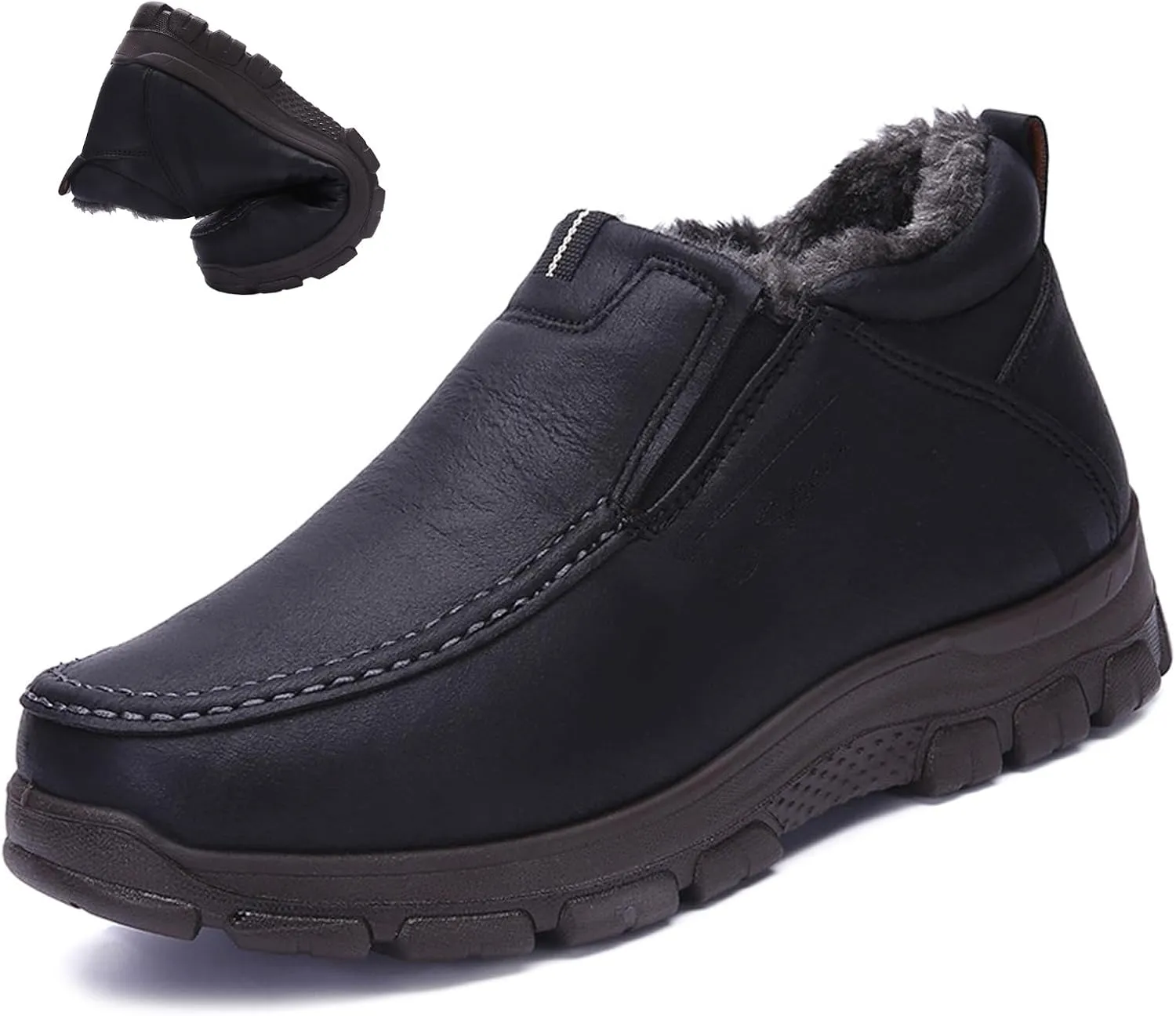 Men's Slip-On Winter Snow Boots Warm Fur Lined Casual Non-Slip Outdoors Leather Booties Cozy Walking Loafers