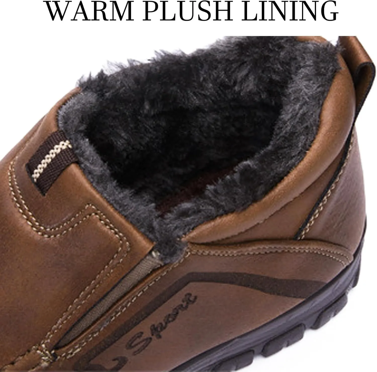 Men's Slip-On Winter Snow Boots Warm Fur Lined Casual Non-Slip Outdoors Leather Booties Cozy Walking Loafers