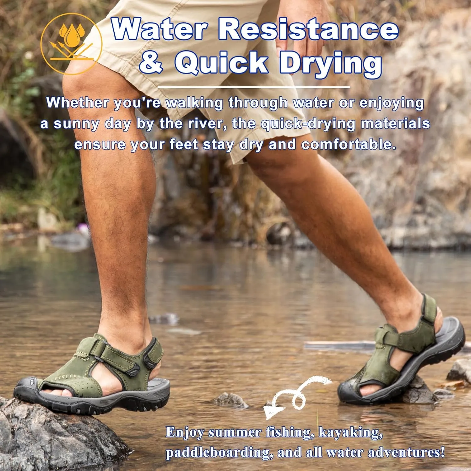 Men's Sport Sandals Closed Toe Leather Hiking Athletic Walking Outdoor Beach Trail River Fishing Water Shoes Lightweight Comfortable Waterproof