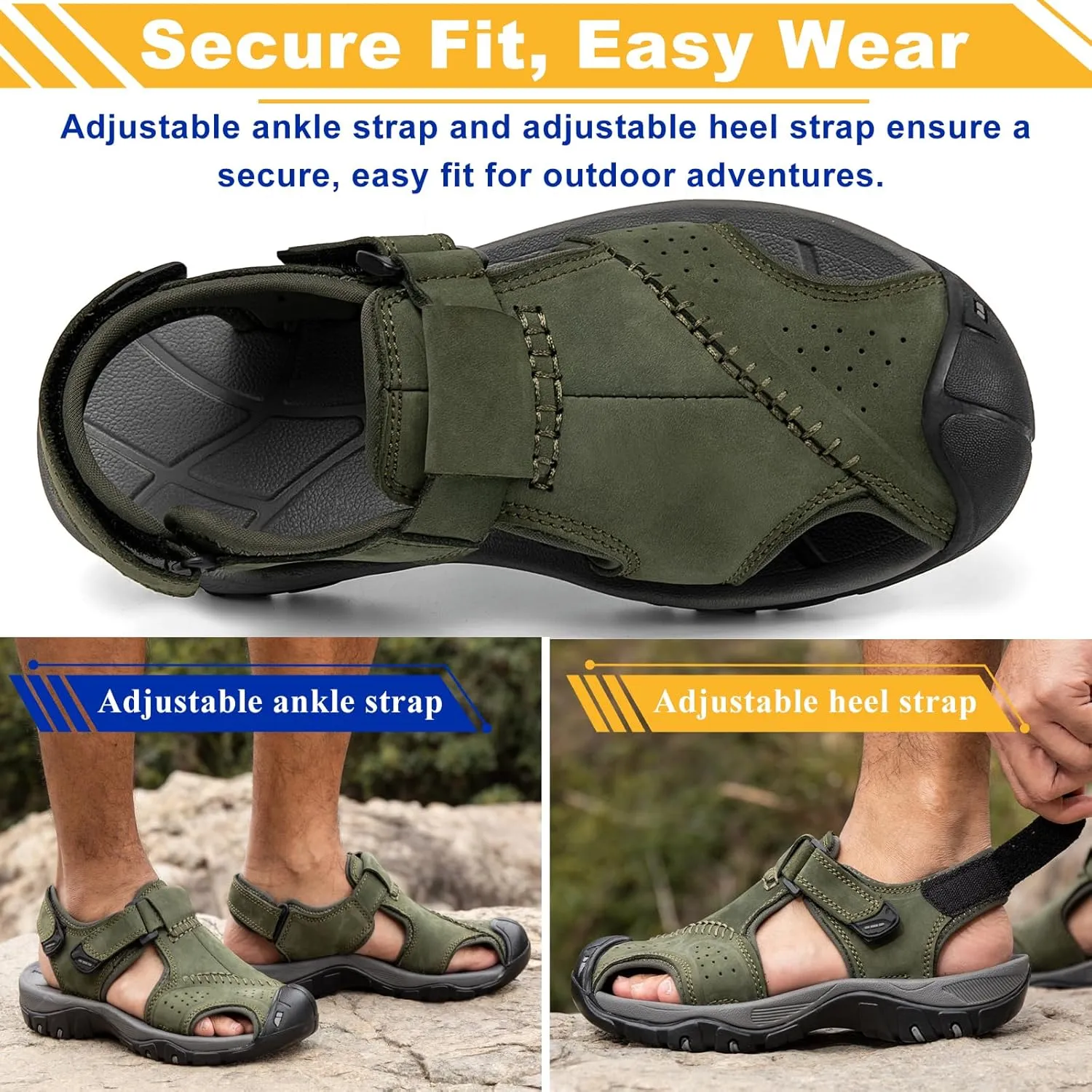 Men's Sport Sandals Closed Toe Leather Hiking Athletic Walking Outdoor Beach Trail River Fishing Water Shoes Lightweight Comfortable Waterproof
