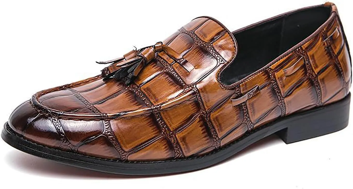 Men's Tassel Round Toe Slip-on Loafers Classic Crocodile Pattern Dress Shoes Comfortable Anti-Slip Business Formal Wedding Shoes for Men