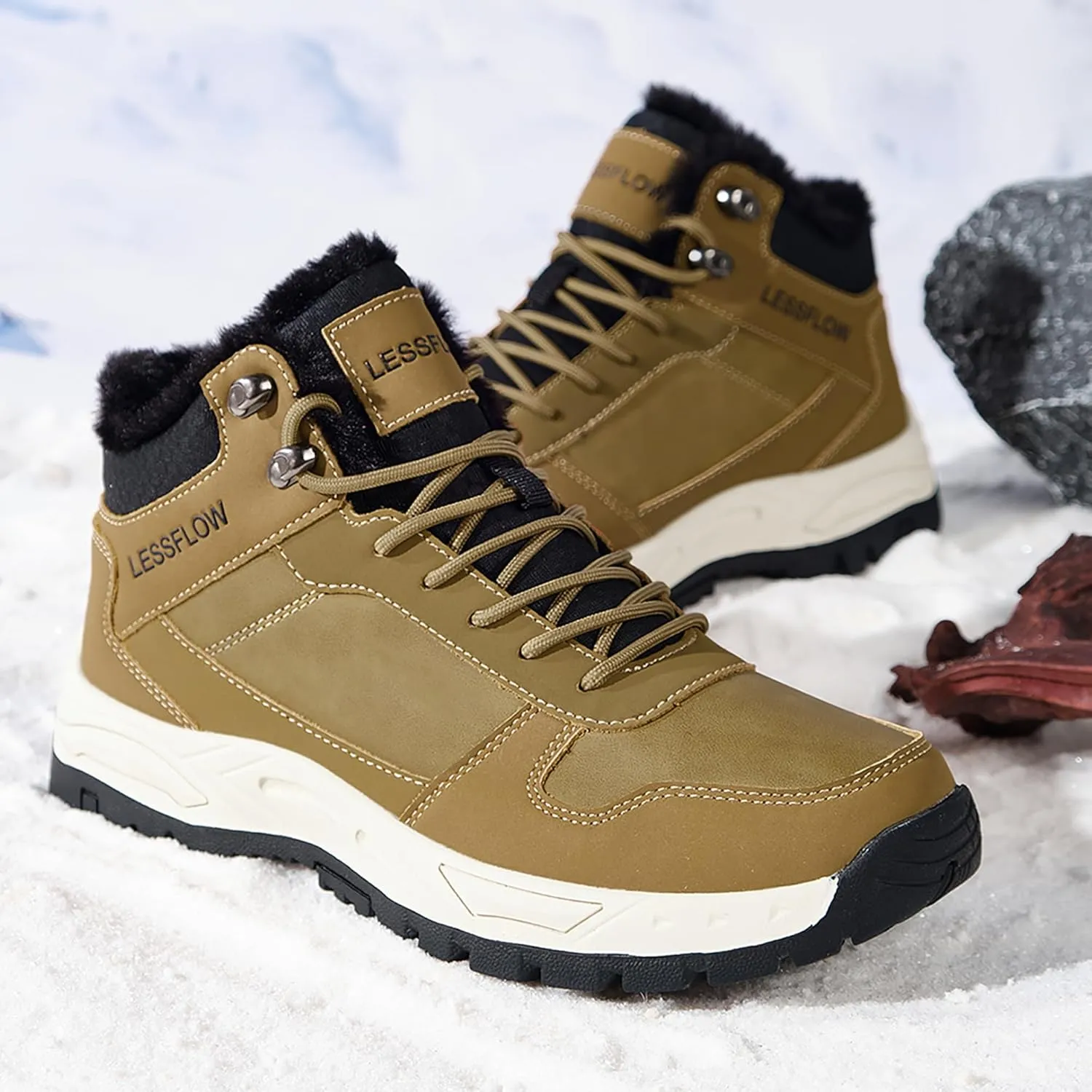 Men's Winter Slip On Snow Boots Warm Fur Lined Cold Shoes Winter Boot Leather Outdoor Thermal Work Ankle