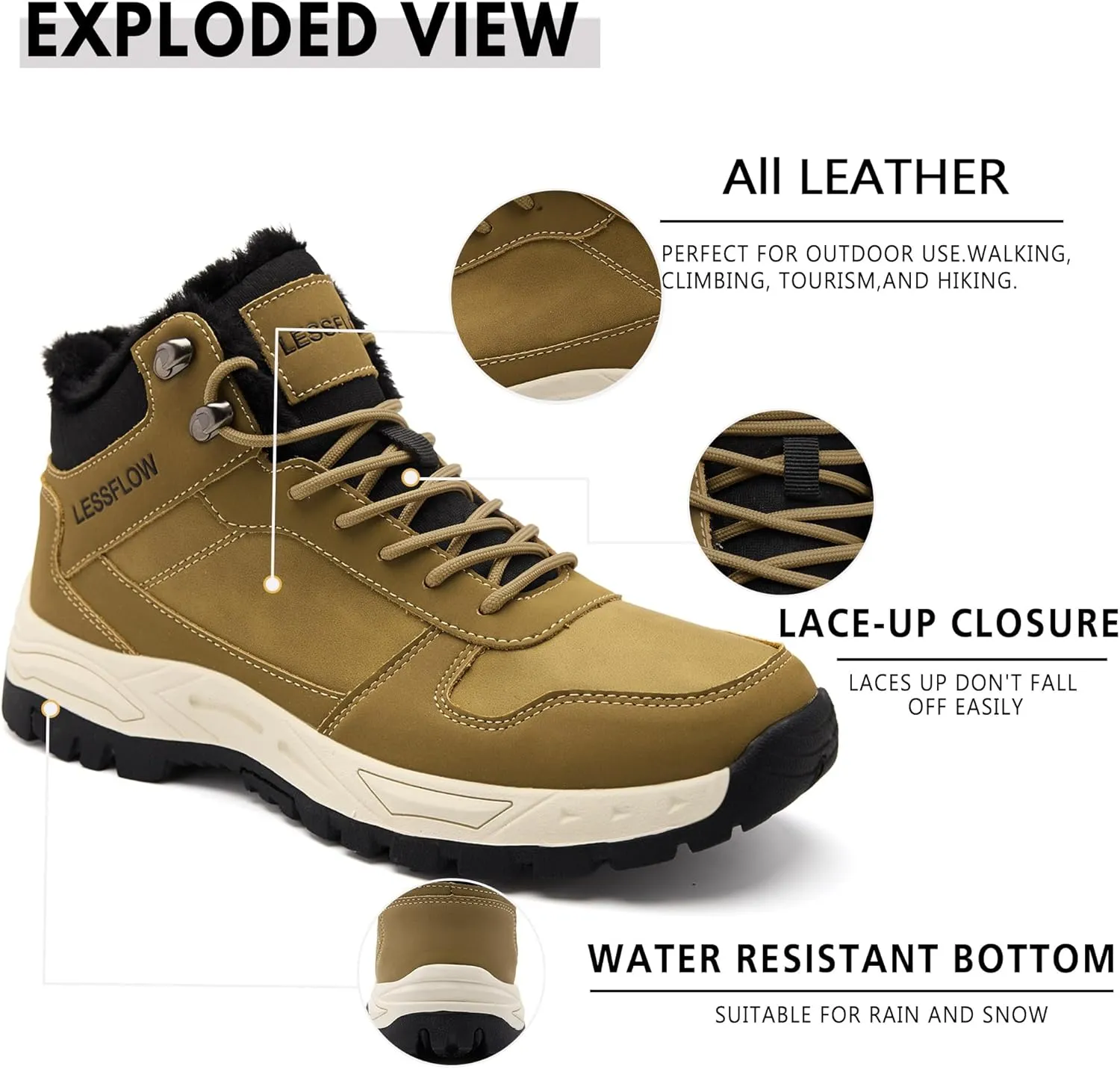 Men's Winter Slip On Snow Boots Warm Fur Lined Cold Shoes Winter Boot Leather Outdoor Thermal Work Ankle