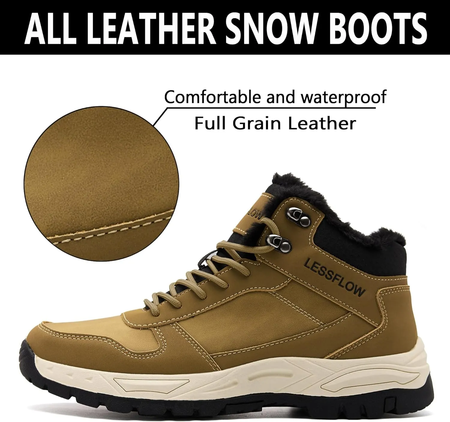 Men's Winter Slip On Snow Boots Warm Fur Lined Cold Shoes Winter Boot Leather Outdoor Thermal Work Ankle