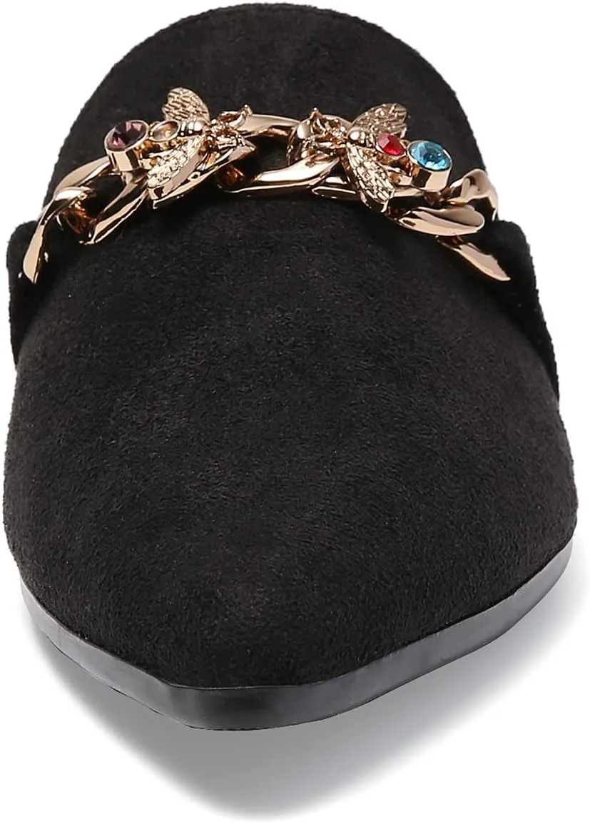 Metal Bee Decor Flat Mules for Women Closed Pointed Toe Slip on Loafers Slides Backless Mules Shoes