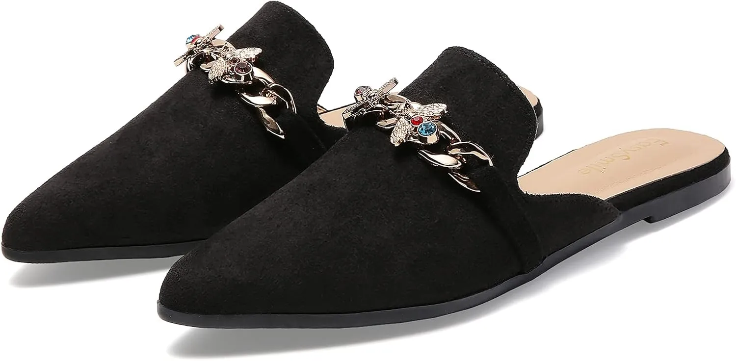 Metal Bee Decor Flat Mules for Women Closed Pointed Toe Slip on Loafers Slides Backless Mules Shoes