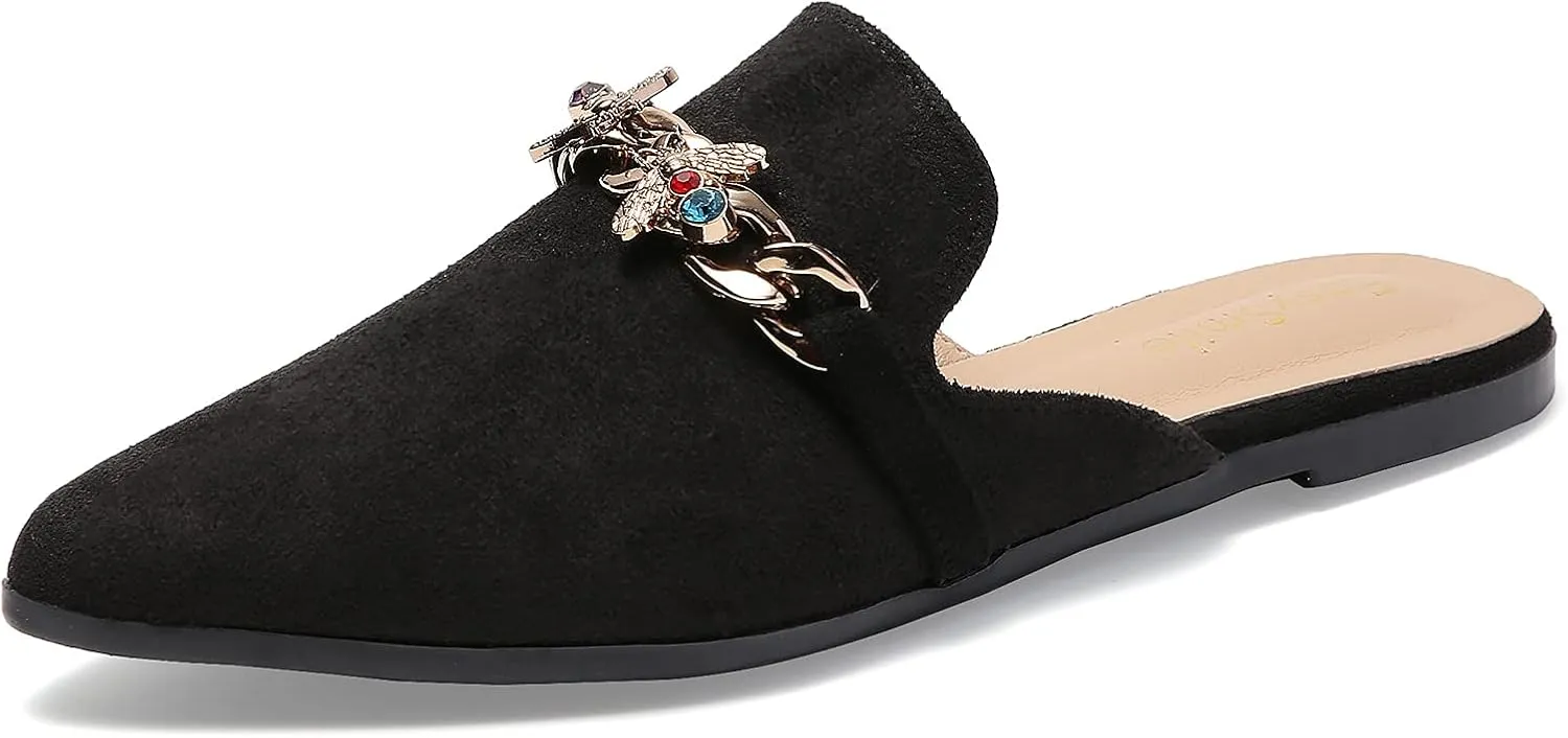Metal Bee Decor Flat Mules for Women Closed Pointed Toe Slip on Loafers Slides Backless Mules Shoes