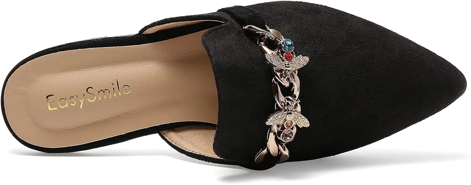 Metal Bee Decor Flat Mules for Women Closed Pointed Toe Slip on Loafers Slides Backless Mules Shoes