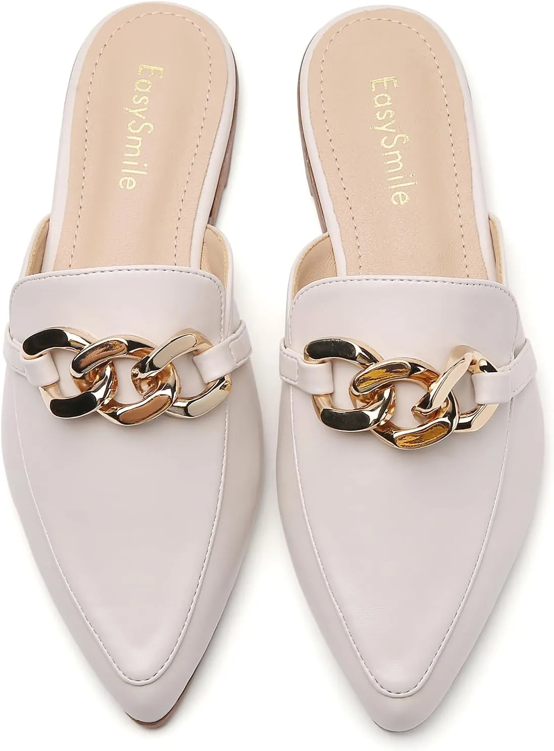 Metal Chain Decor Flat Mules for Women Closed Pointed Toe Slip on Loafers Slides Backless Mules Shoes